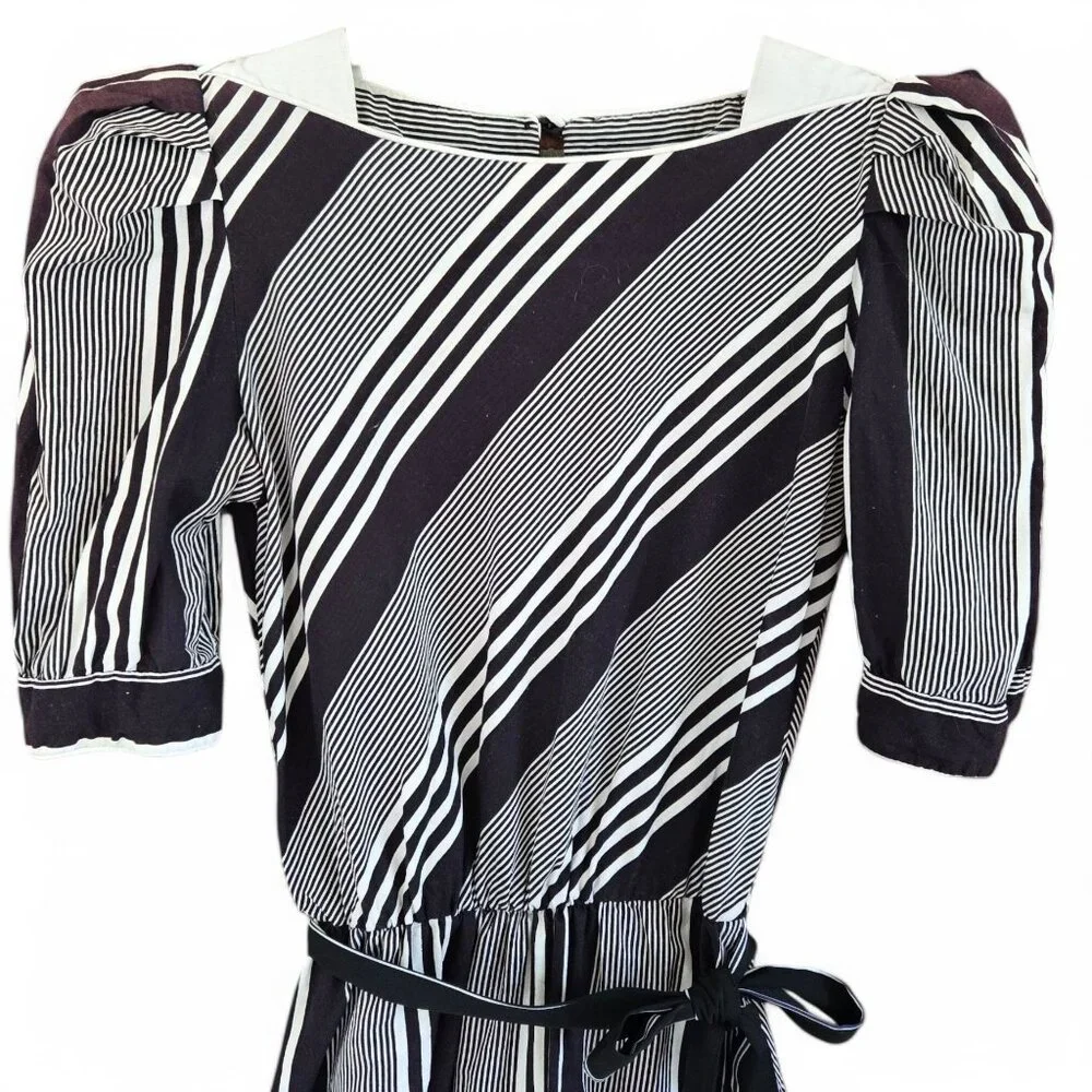 Vintage Brown & White Striped Midi Dress | Handmade 1980s Elastic Waist - Picture 12 of 16